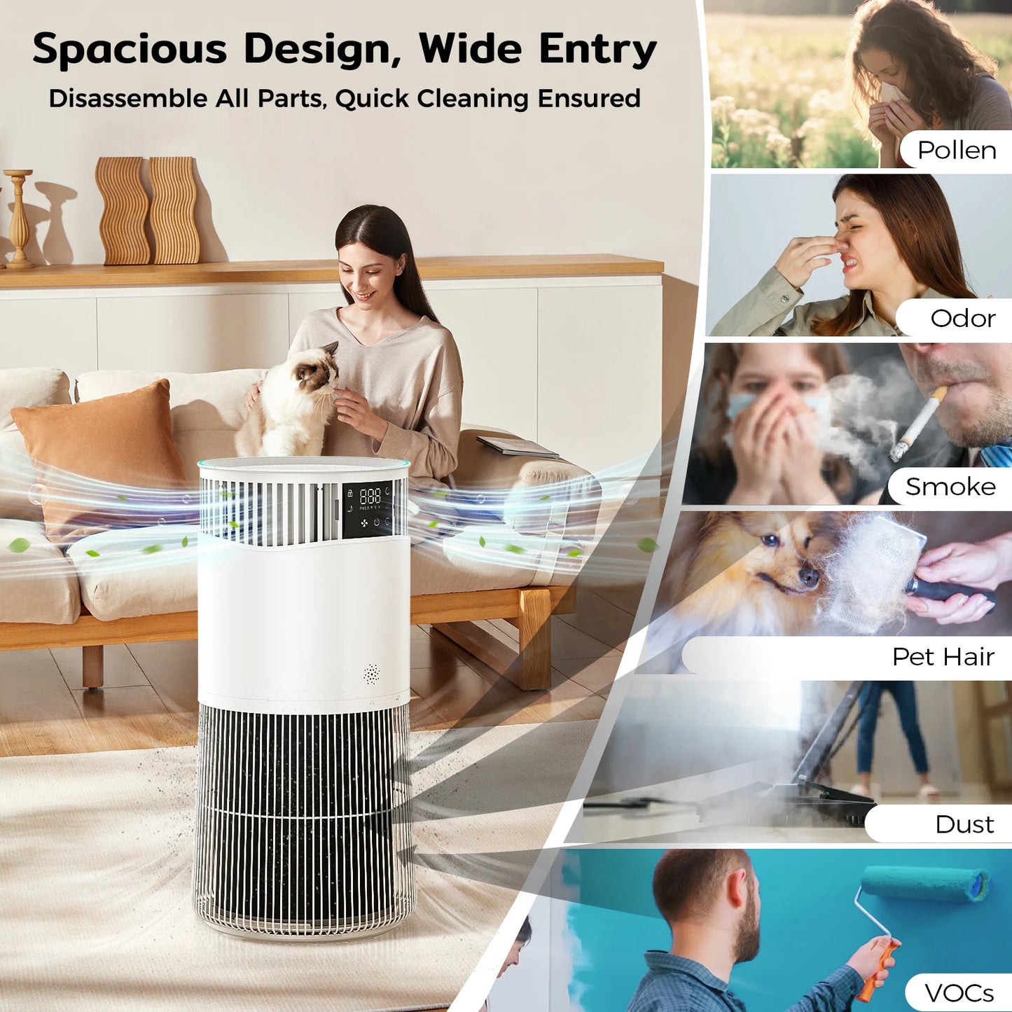 Amicura P2 Air Purifier for Pet Allergy Sufferers 843 m³/h Pet Hair Removal 450 CADR 99% Odour Neutralisation H13 Filter Against