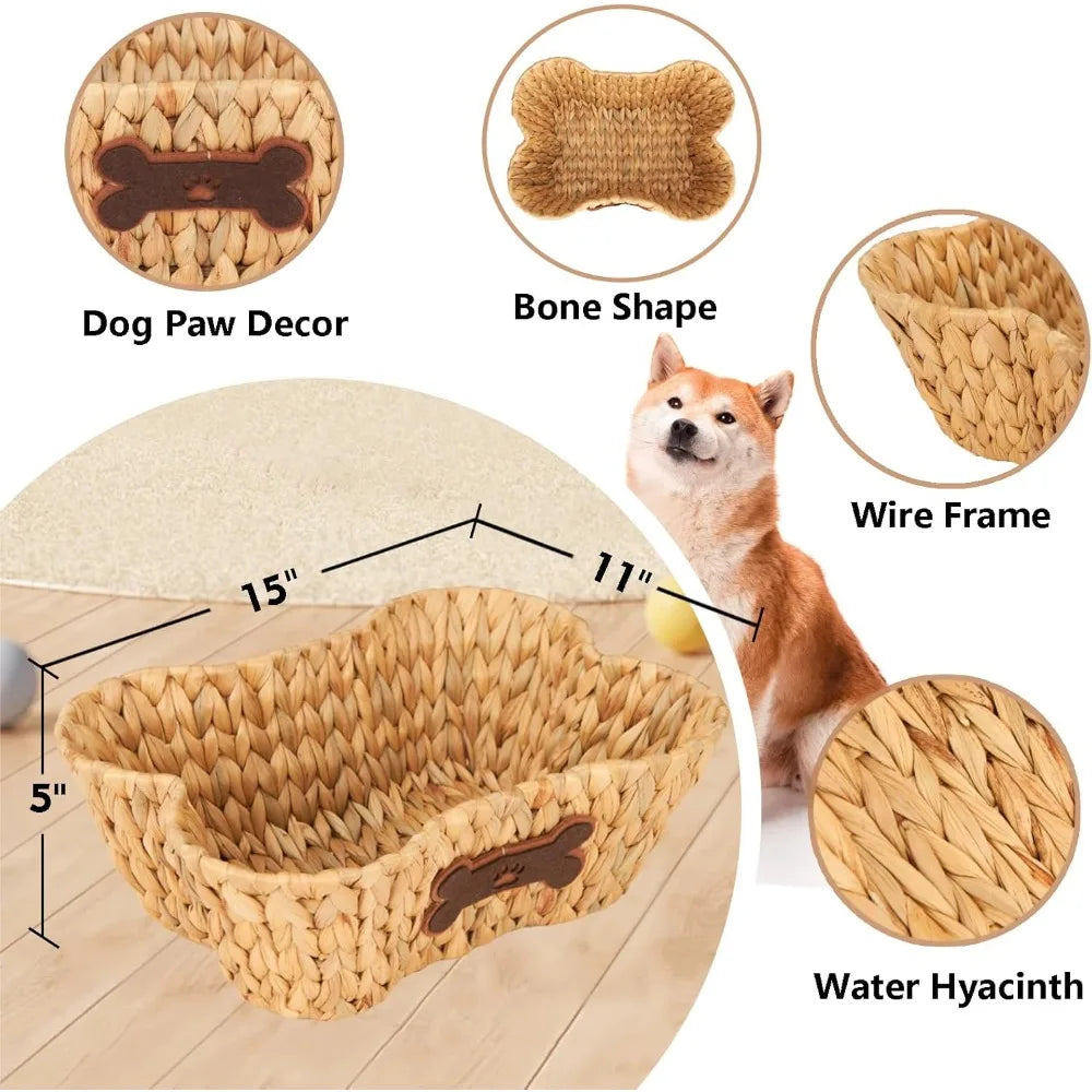 Wicker Basket for Pet Toys, 2 Pack Stylish and Natural Dog and Cat Toy Basket, Dog Storage Organizer with Bone Shape