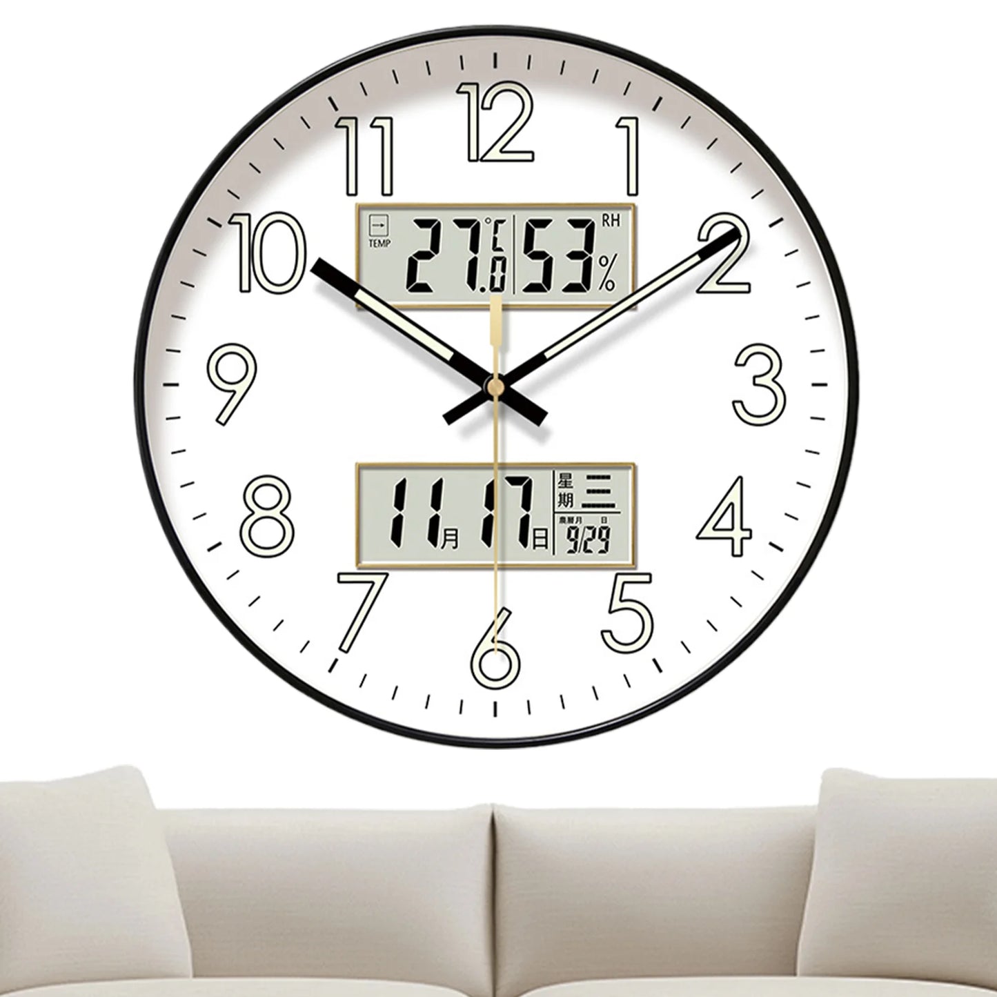 Modern Design Clock Silent Non Ticking Round Luminous Wall Clock with Calendar Digital Display Night Light Wall Clock Decor