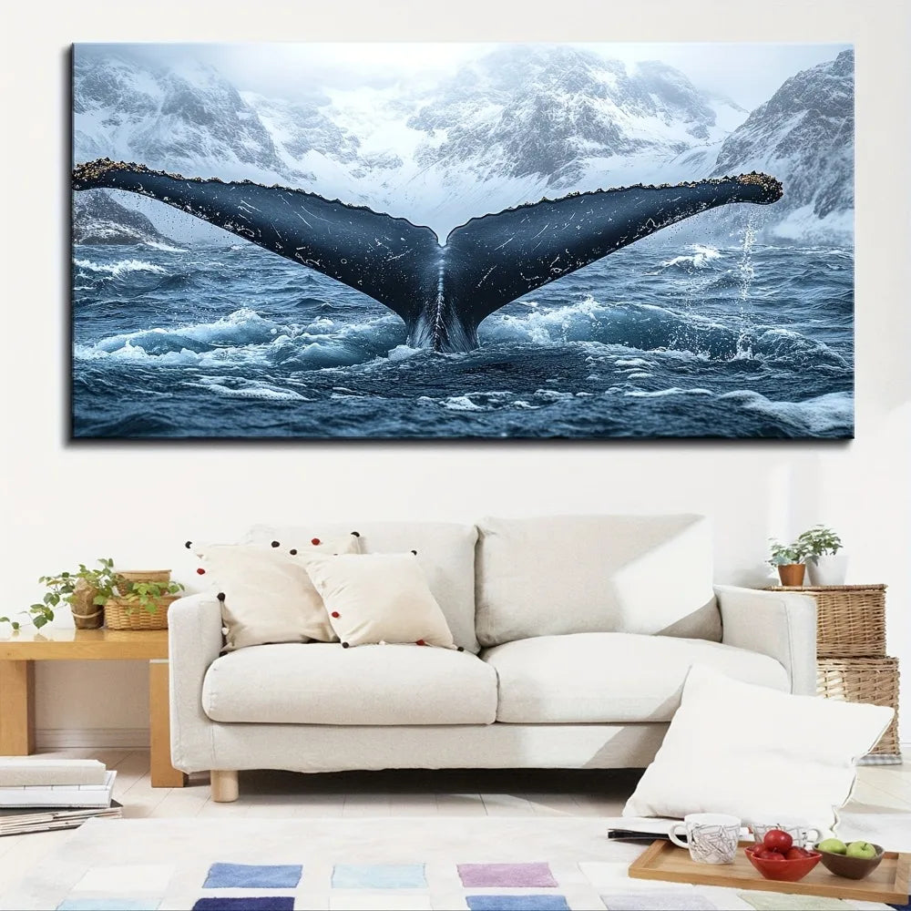 1.5 inch thick pine solid wood frame whale tail canvas art - Marine themed print, suitable for interior home decor