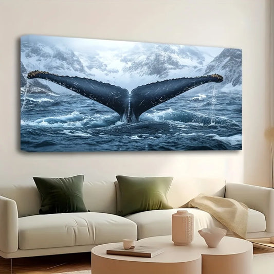 1.5 inch thick pine solid wood frame whale tail canvas art - Marine themed print, suitable for interior home decor