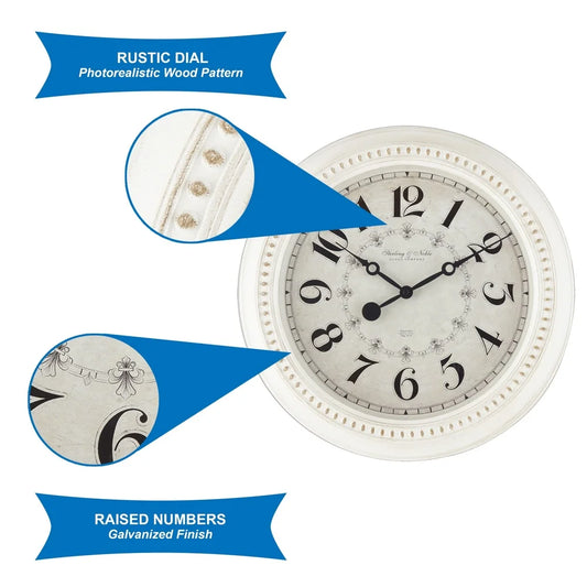 Indoor 15.5 Inch Vintage White Round Wall Clock Arabic Numbers Beaded Frame Quartz Movement Decorative Home Decor