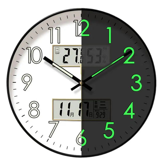 Modern Design Clock Silent Non Ticking Round Luminous Wall Clock with Calendar Digital Display Night Light Wall Clock Decor