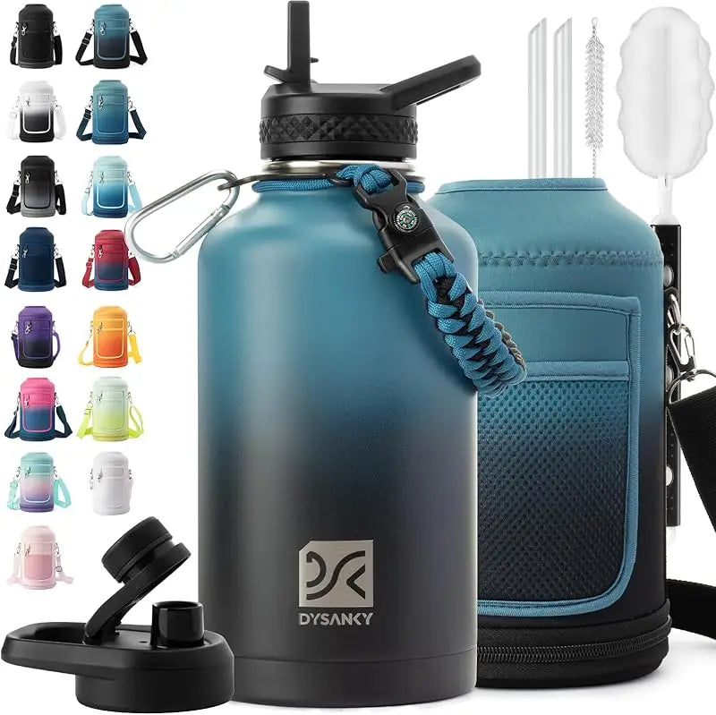 64 oz Insulated Water Bottle Thickened Stainless Steel Vacuum Design, BPA-Free, Large Jug with Straw, Carrier Bag & Handle Strap
