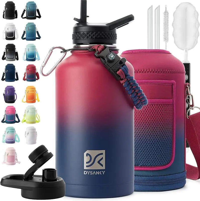 64 oz Insulated Water Bottle Thickened Stainless Steel Vacuum Design, BPA-Free, Large Jug with Straw, Carrier Bag & Handle Strap
