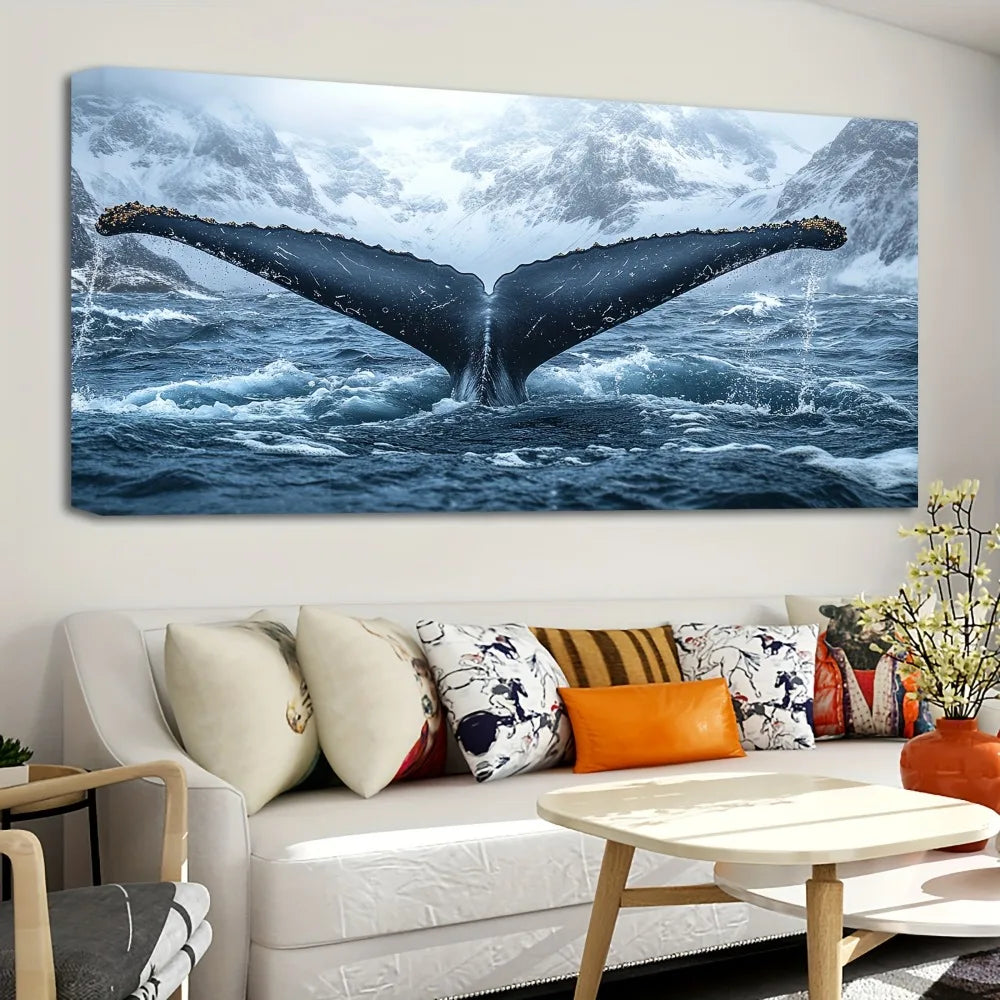 1.5 inch thick pine solid wood frame whale tail canvas art - Marine themed print, suitable for interior home decor