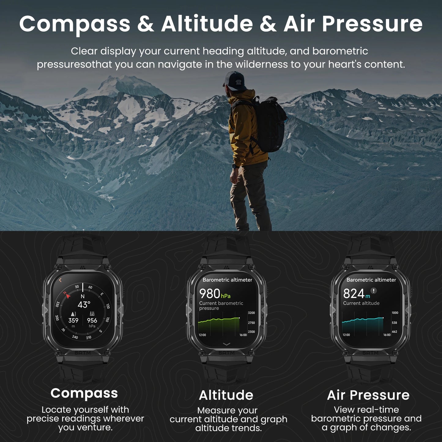 HIDAMEL M3E GPS Smart Watch For Men Barometer Altitude Compass 6 Satellite Positioning Systems 480mAh 60 Days Extra-Long Battery