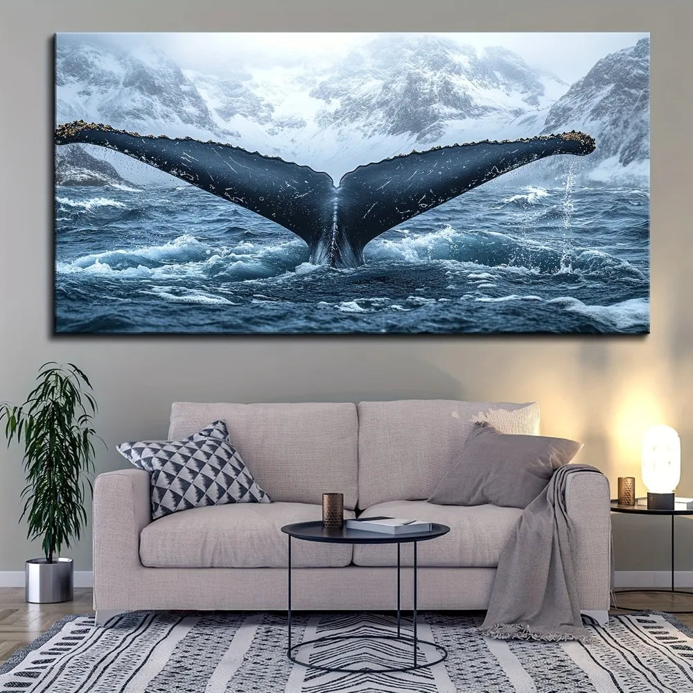 1.5 inch thick pine solid wood frame whale tail canvas art - Marine themed print, suitable for interior home decor