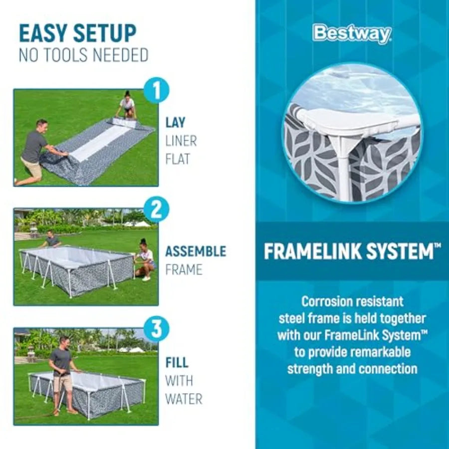 Steel Pro 12' x 6' 7 x 26 Rectangle Above Ground Outdoor Swimming Pool Set with DuraPlus Liner and FrameLink System Gray