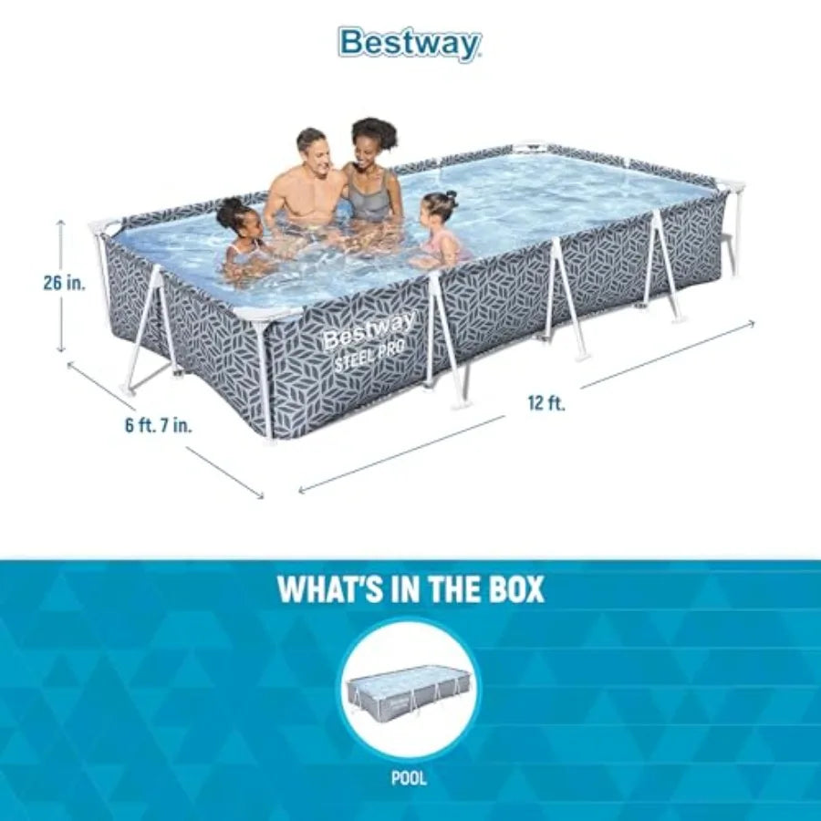 Steel Pro 12' x 6' 7 x 26 Rectangle Above Ground Outdoor Swimming Pool Set with DuraPlus Liner and FrameLink System Gray