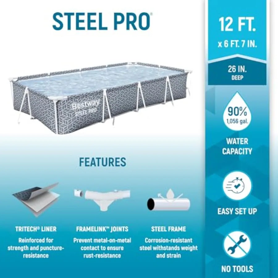 Steel Pro 12' x 6' 7 x 26 Rectangle Above Ground Outdoor Swimming Pool Set with DuraPlus Liner and FrameLink System Gray